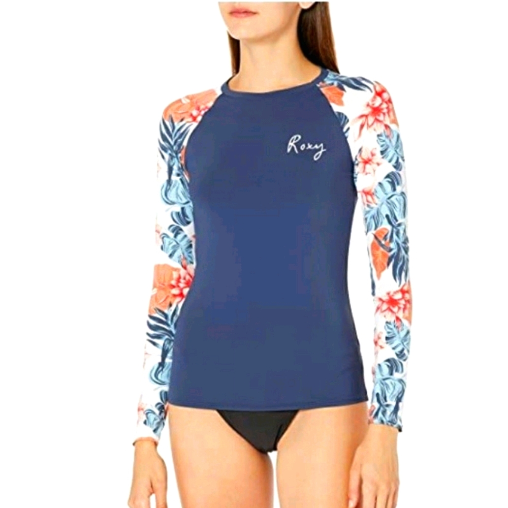 NWT Roxy LS Lycra Rashguard Bright Navy Orange Turquoise Size S